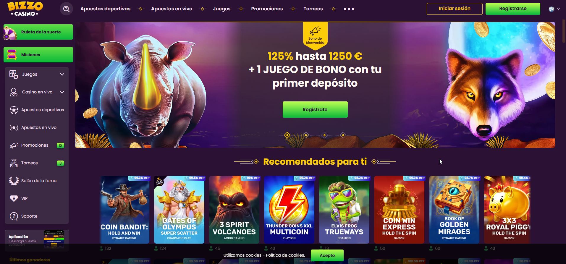 Captura de la home de BizzoCasino con torneos de proveedor y mesas raras de Evolution
