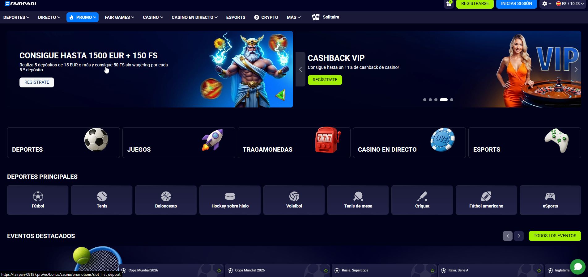 Captura de la home de Fairpari con apuestas mínimas desde 10 pesos en slots
