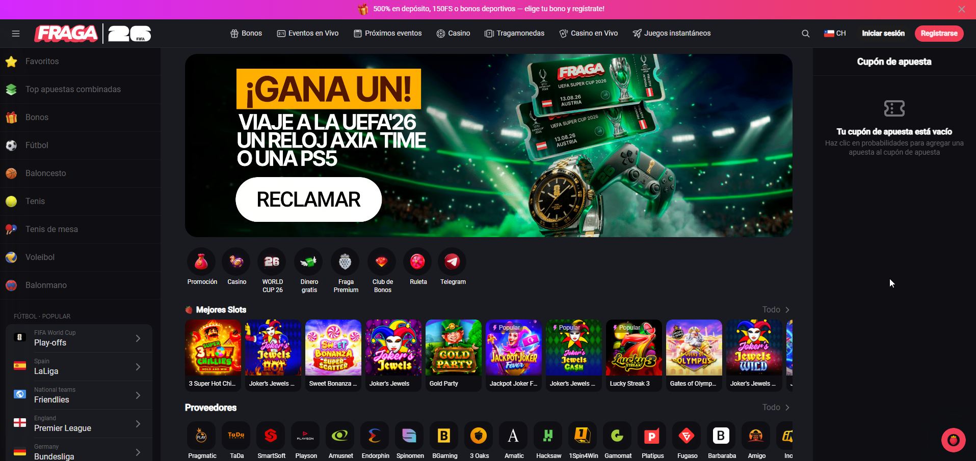 Captura de la home de Fraga con multiplicadores visibles en las mesas de crash games
