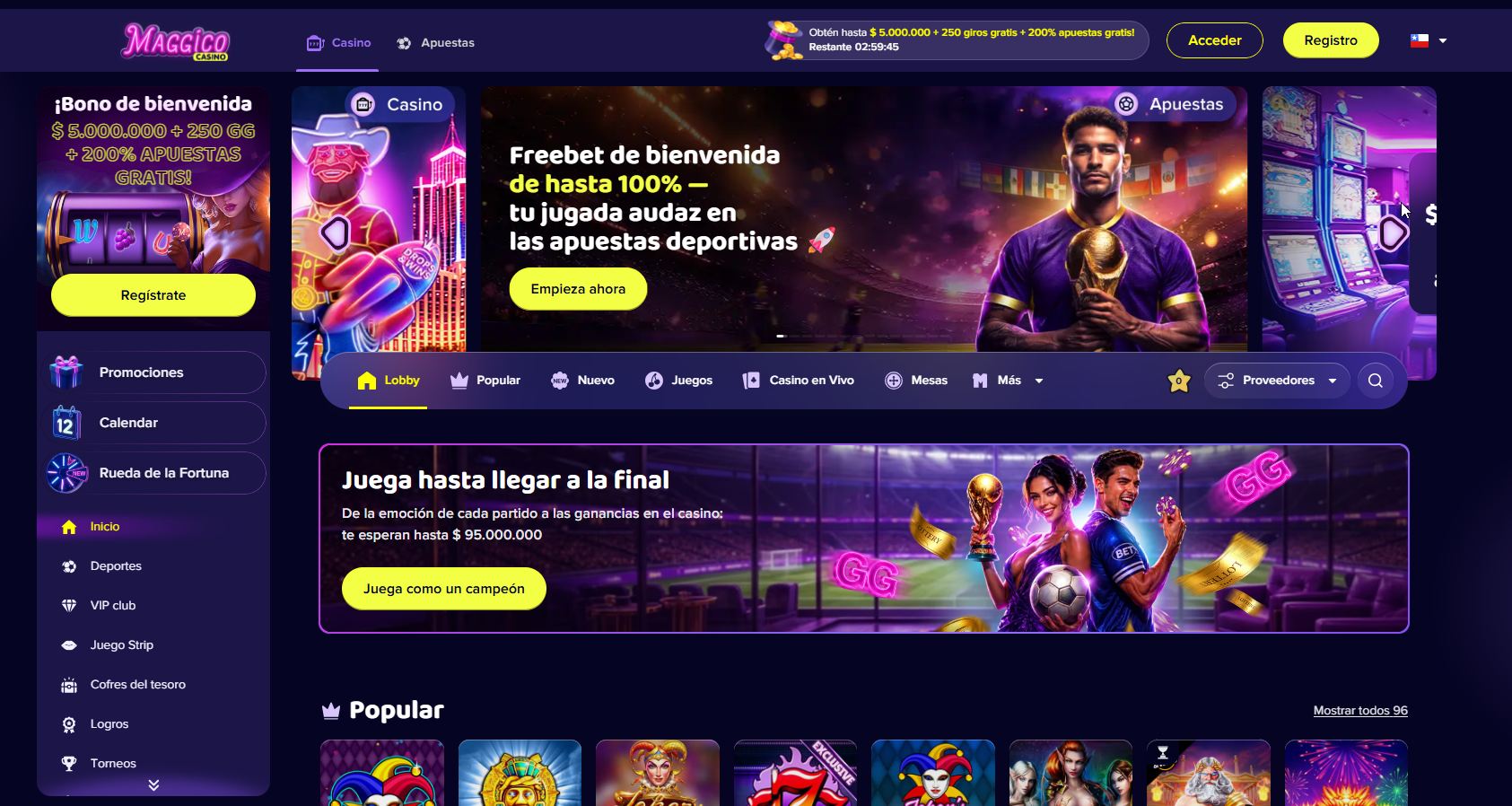 Captura de la home de Maggico mostrando el carrusel de bonos y los juegos destacados