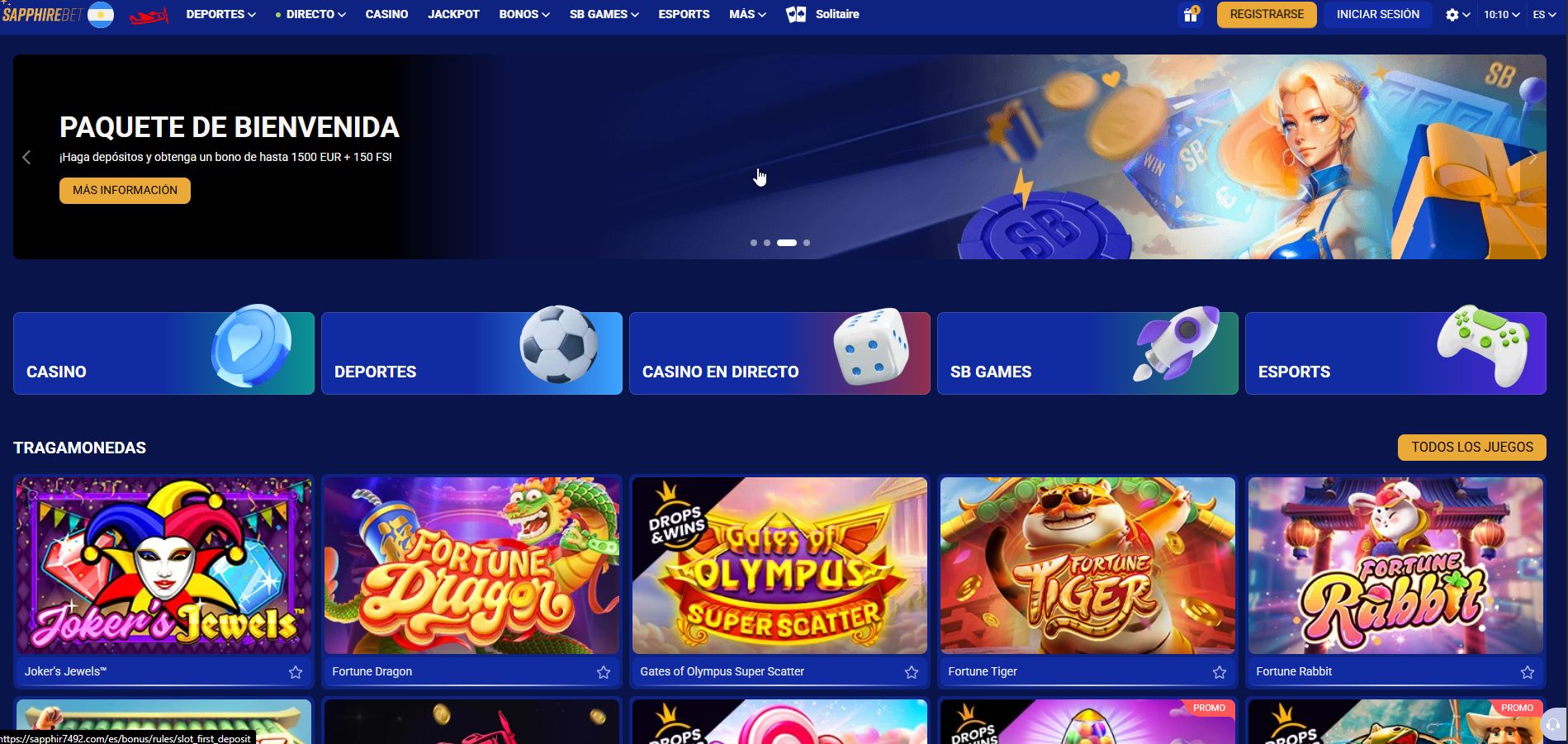 Página principal de SaphireBet con jackpots progresivos y el club VIP en portada
